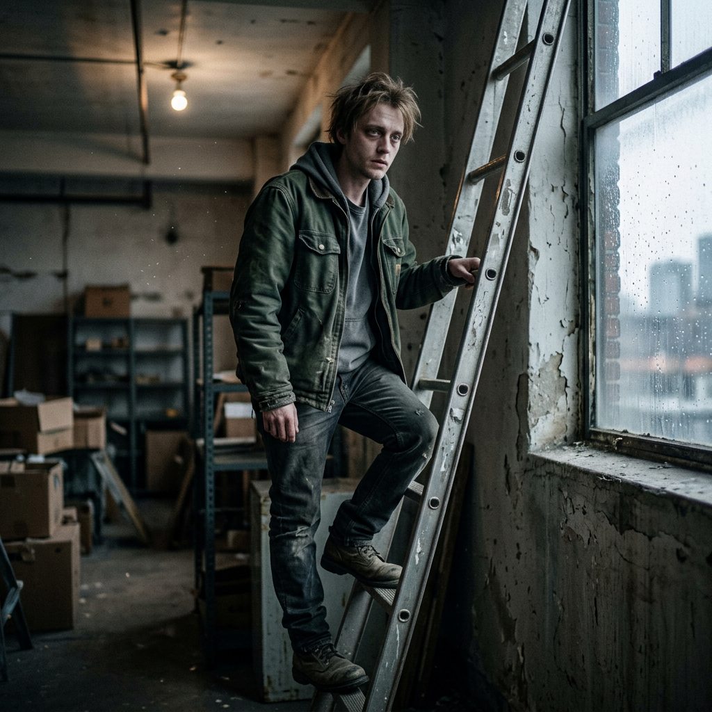 Man climbing metal ladder inside old rundown warehouse with raindrops on window